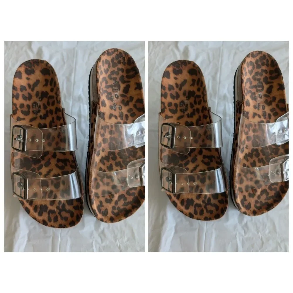 BOUTIQUE by Corkys Leopard Platform Sandals Clear Double Buckle Cork Slides